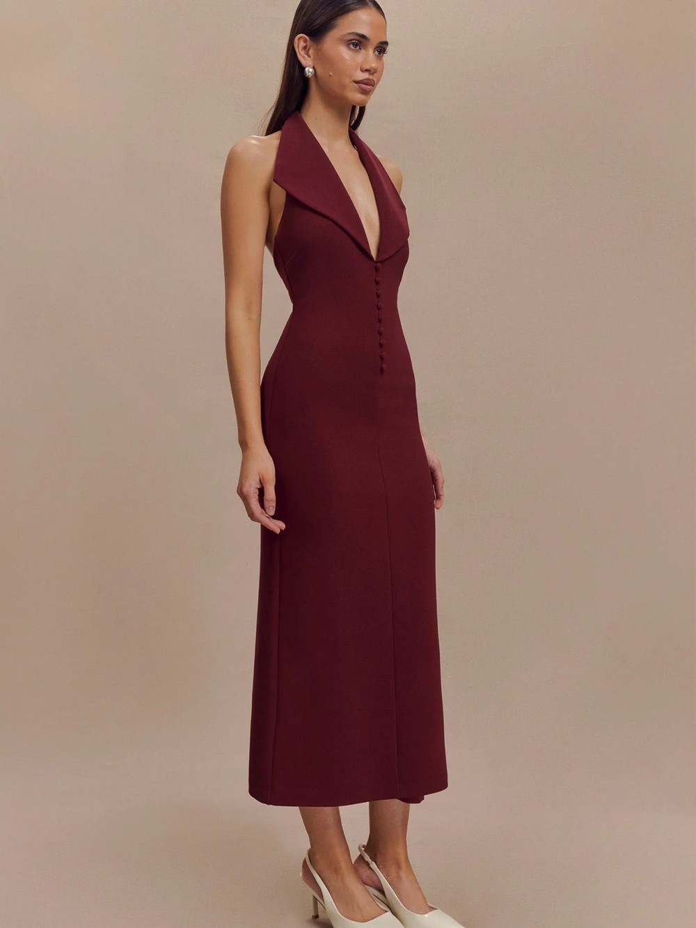 Sleeveless V-Neck Midi Dress in Deep Wine